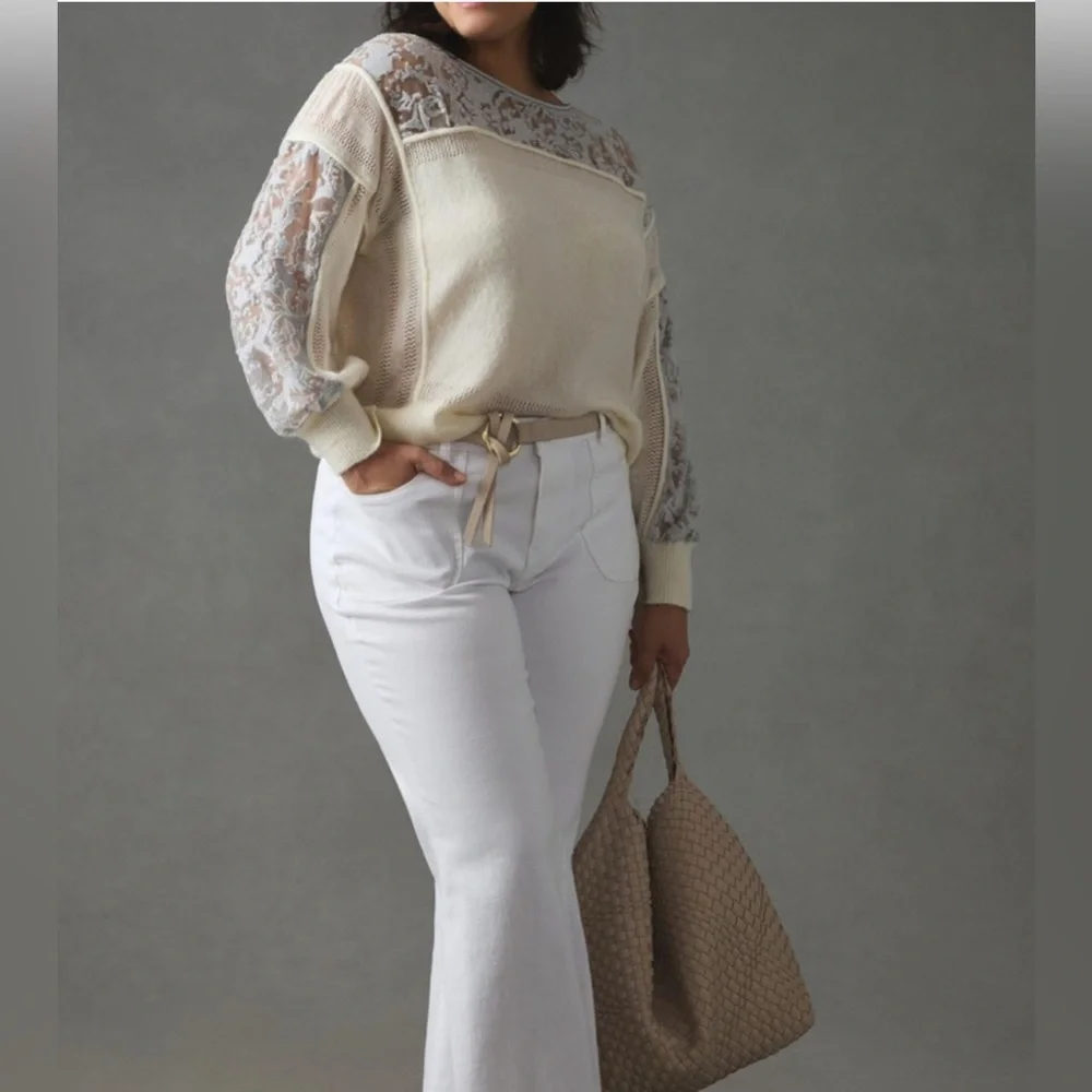 ANTHROPOLOGIE Plus 1X Ivory Pewter Balloon Sleeve Wool Blend Boho Lace Sweater - Picture 2 of 16